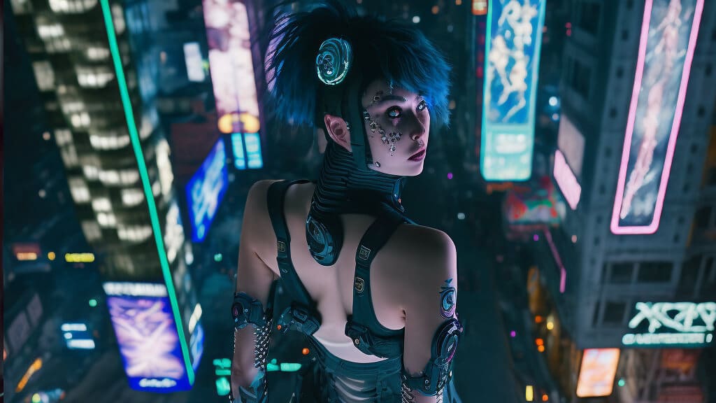 Tecnologia integrada em modelo mulher em Cyberpunk RPG de mesa.